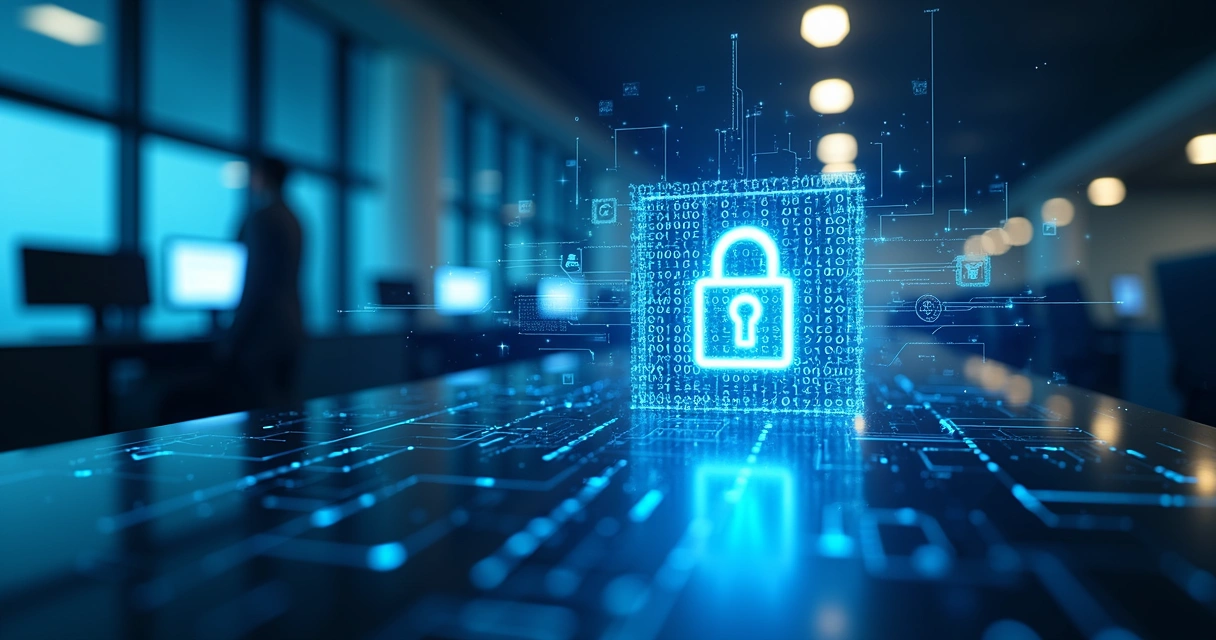 Tela ilustrando firewall corporativo monitorando dados em rede empresarial 