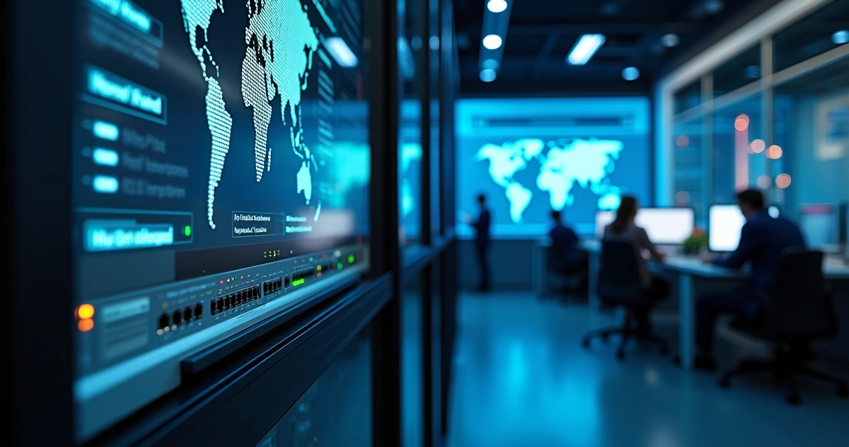 Firewall corporativo em rack com visualização de segurança de rede em tela gigante 