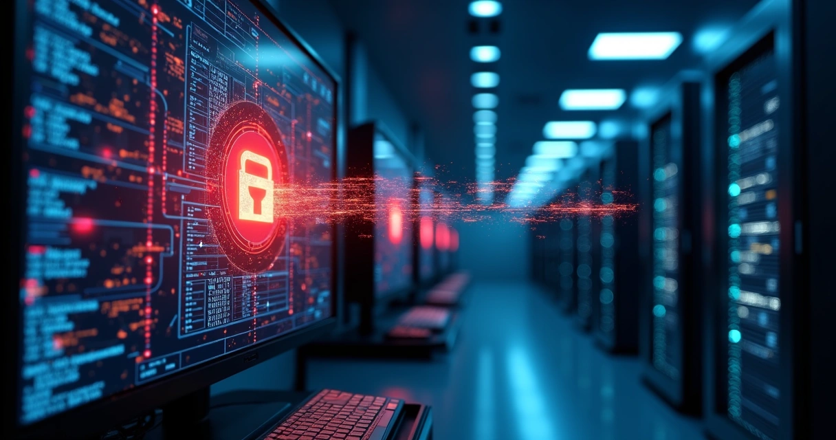 Computador com firewall digital bloqueando ameaças cibernéticas invisíveis em ambiente de rede escura 