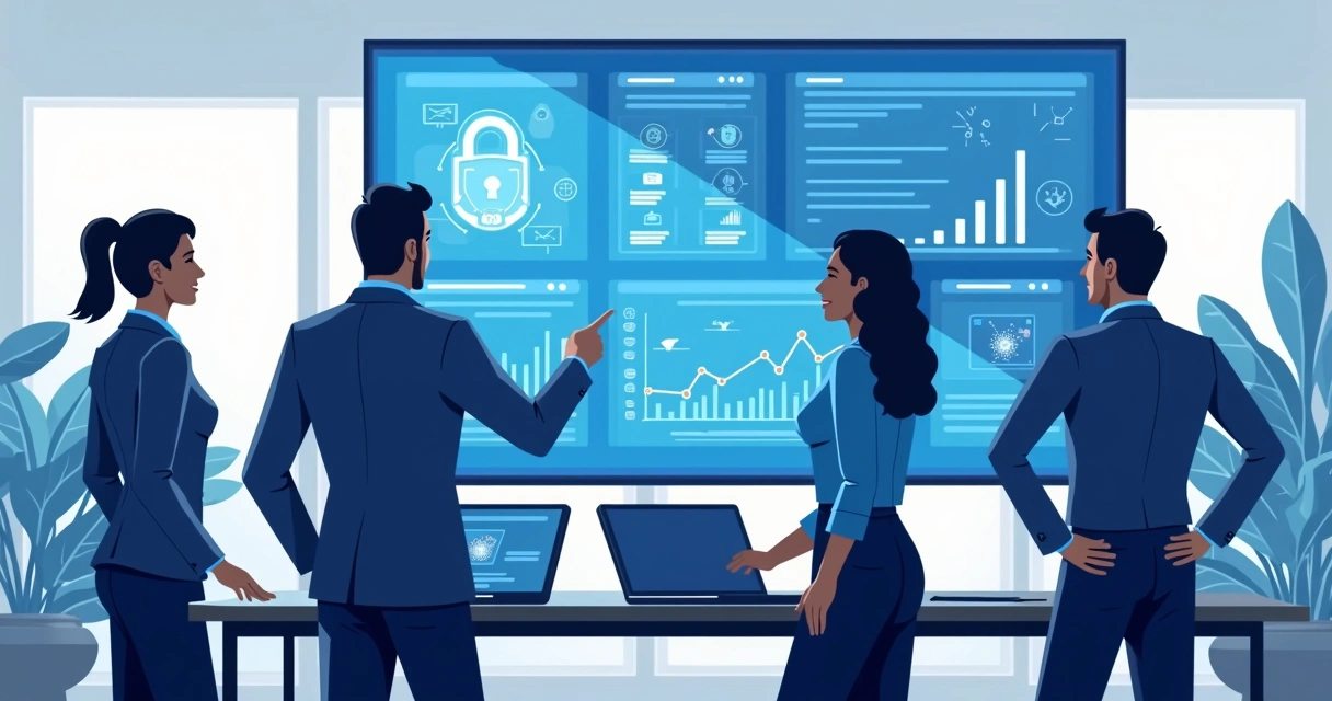 Equipe de TI monitorando firewall em escritório moderno 