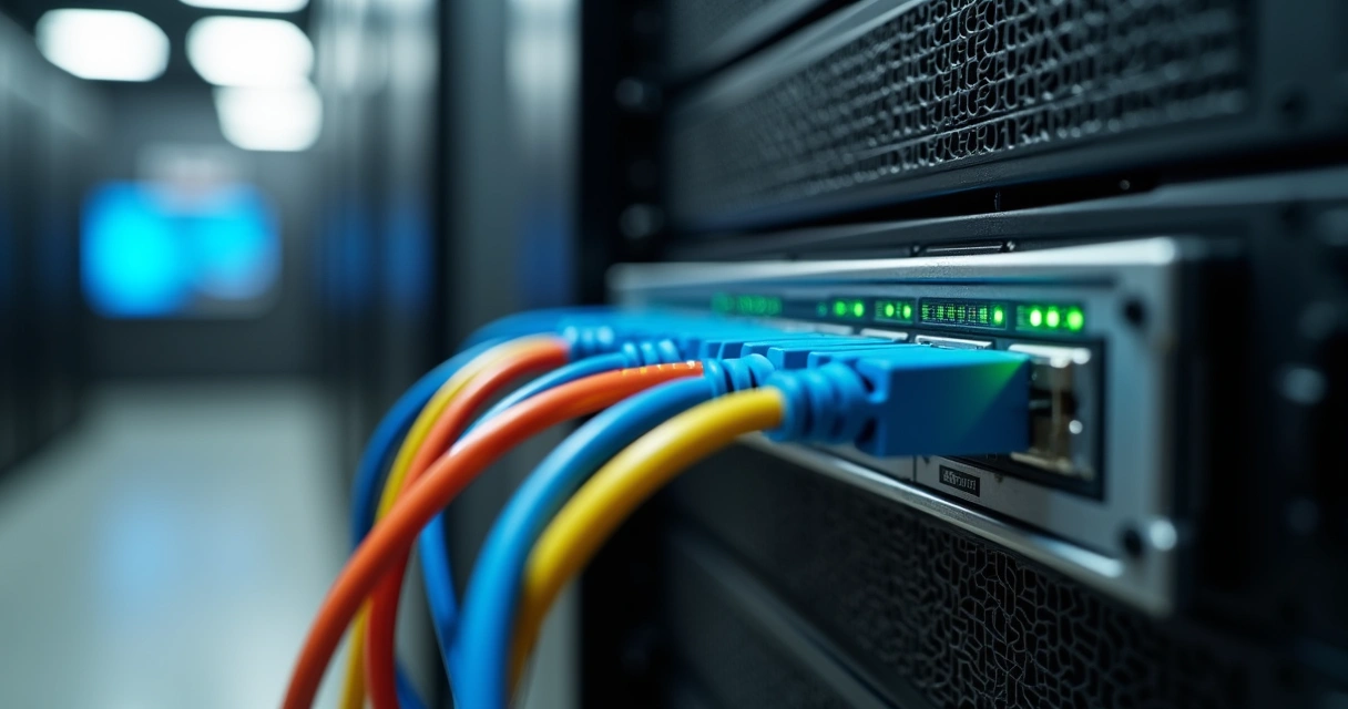 Firewall físico em rack com cabos de rede conectados 