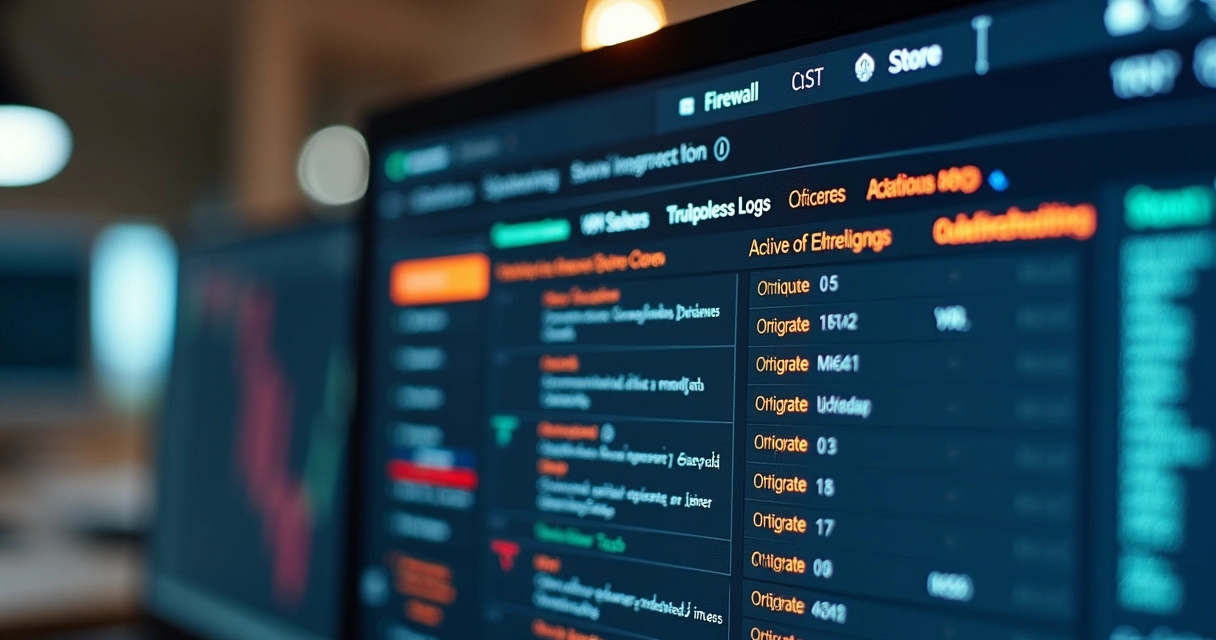 Tela de configuração de firewall Fortigate com regras e logs expostos 
