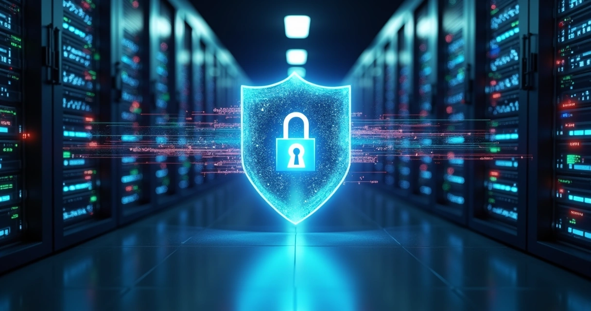 Servidor em data center protegido por firewall digital em formato de escudo 