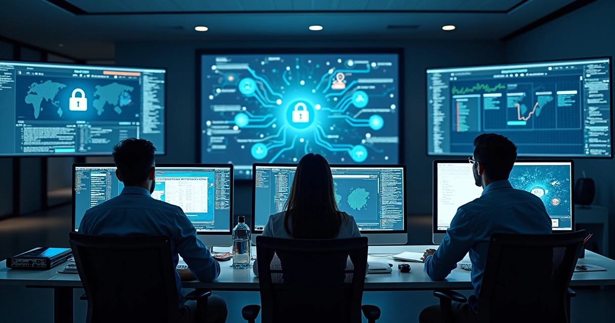 Equipe monitorando segurança digital em vários painéis de controle 