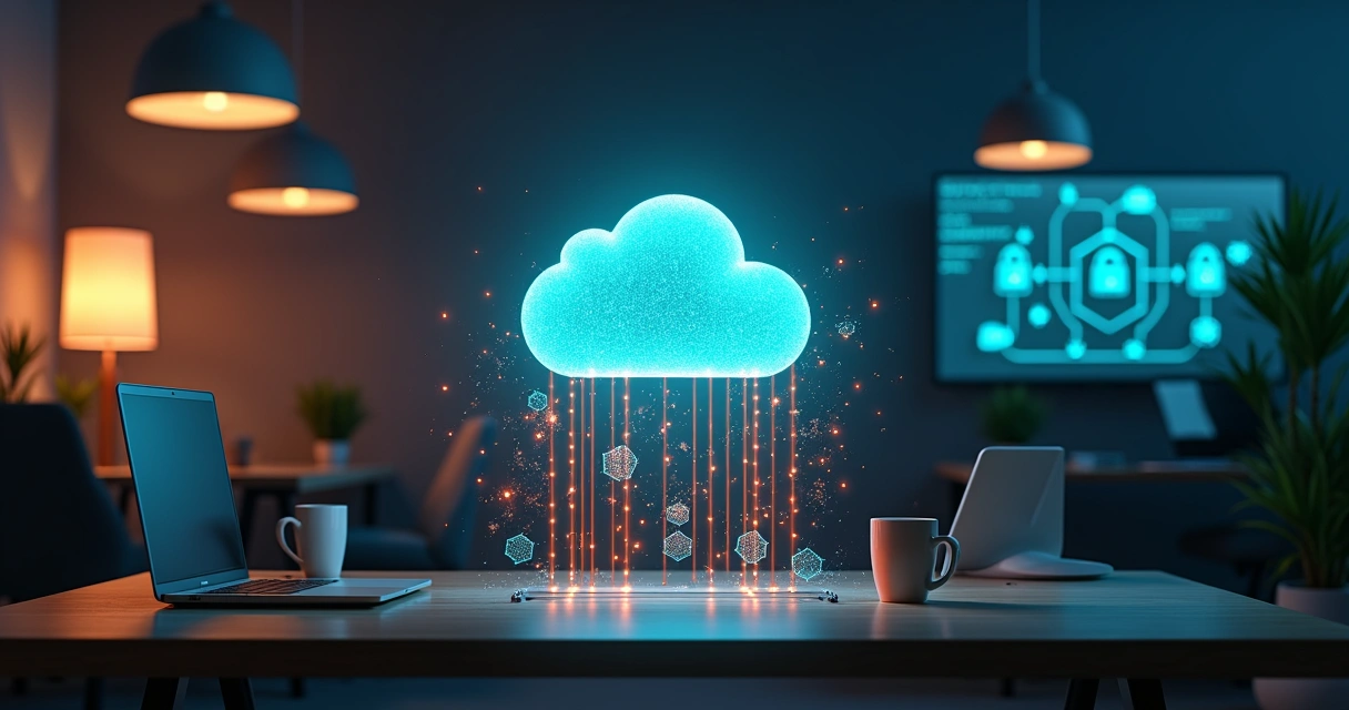 Servidor em nuvem protegido por barreira digital em pequeno escritório moderno 