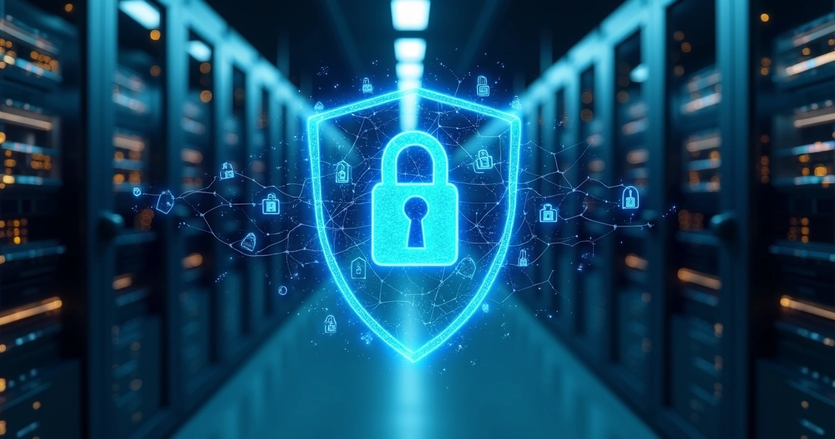Firewall protegendo sala de servidores com luz azul e painéis digitais