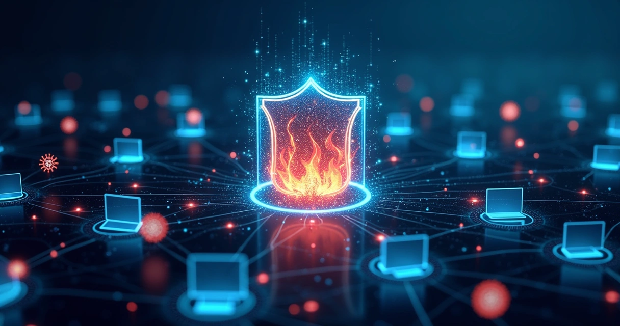 Interface digital mostrando um firewall ativo protegendo uma rede empresarial contra ameaças cibernéticas 