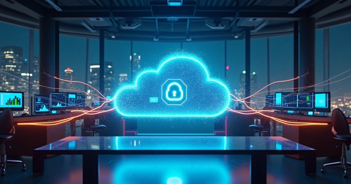Conceito visual de firewall em nuvem protegendo empresa conectada 