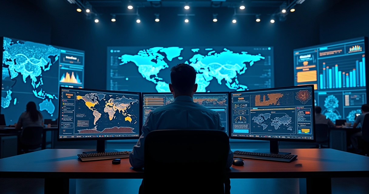 Firewall corporativo protegendo rede empresarial com painel de monitoramento de ameaças 