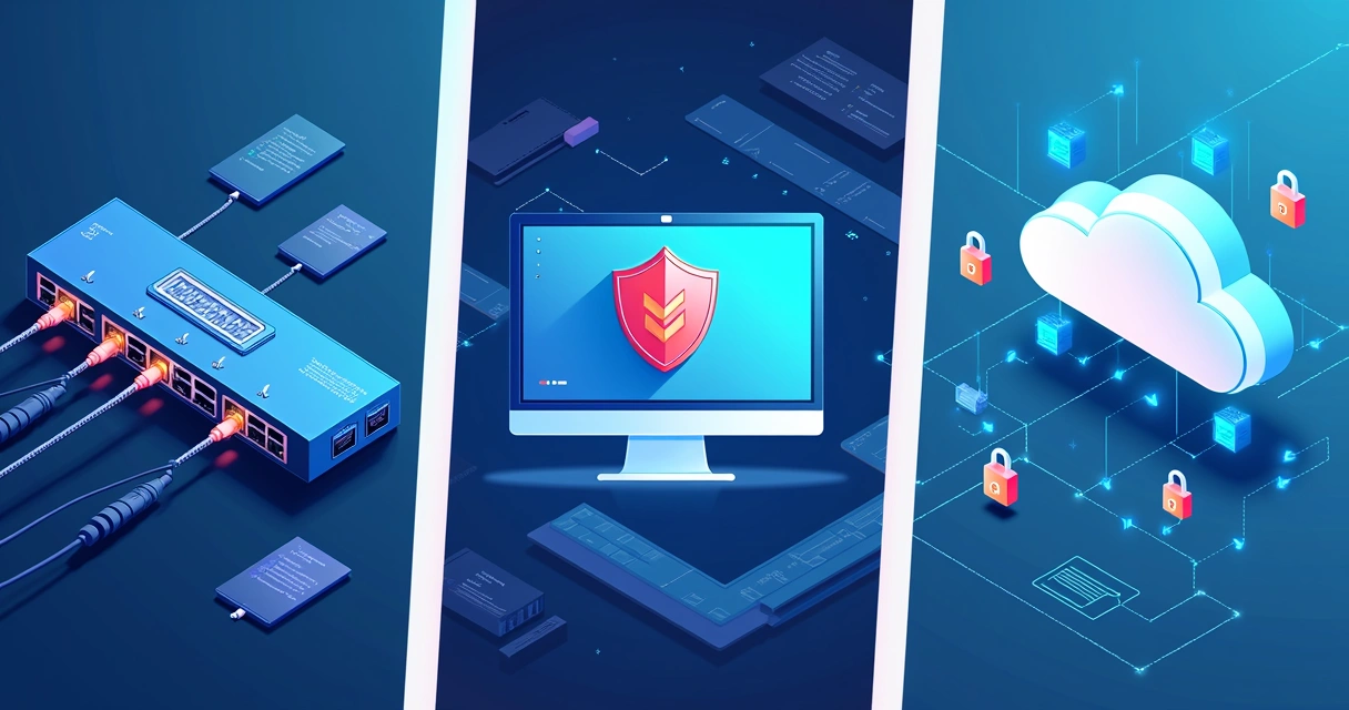 Representação visual dos três tipos de firewall: hardware, software e nuvem 