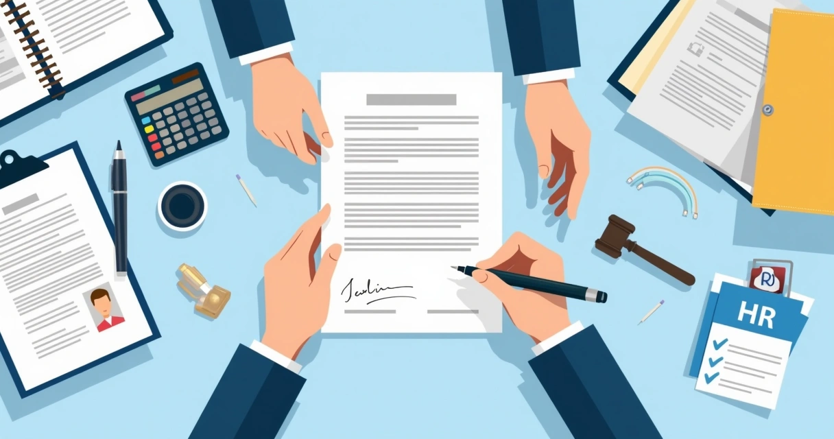 Firma de acuerdo laboral con documentos y sello