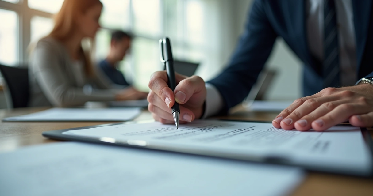 Gerente firmando documento digital en tablet con compañeros al fondo 