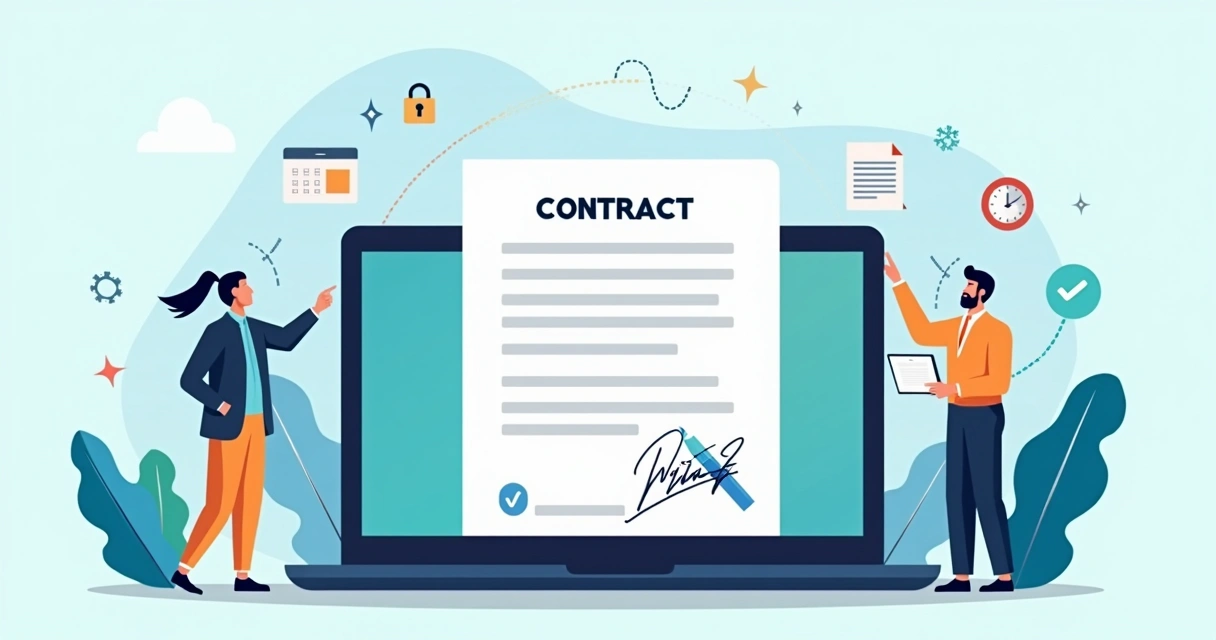 Ilustración de firma electrónica en contrato laboral digital en una oficina moderna 