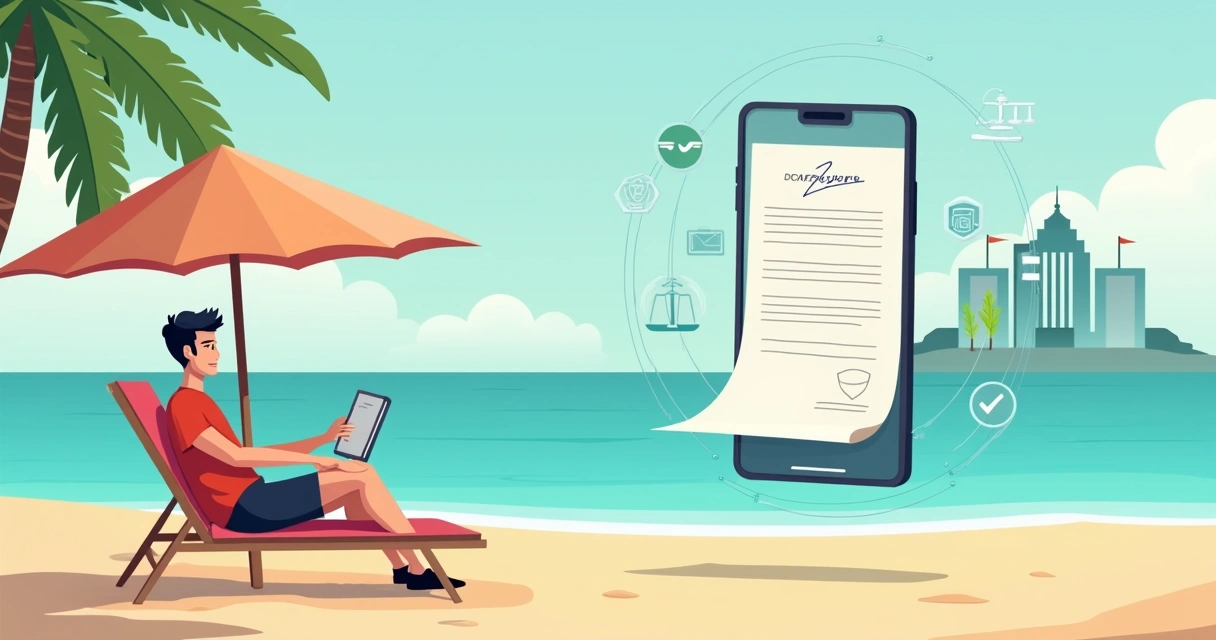 Empleado firmando digitalmente sobre escenario de playa con elementos legales digitales 