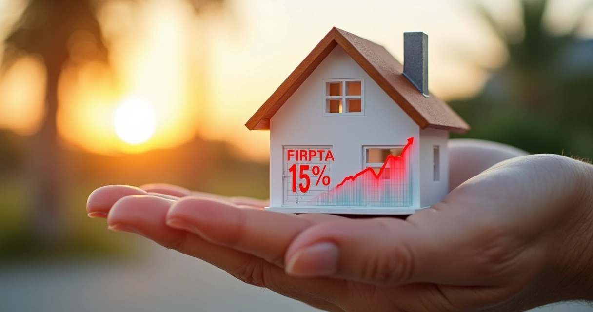 Florida home held by a hand with a financial graph overlay and FIRPTA text 