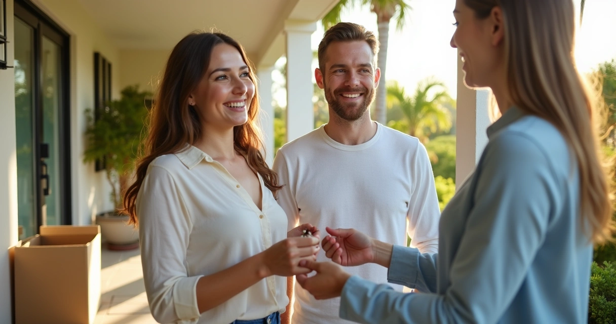 Young couple receiving house keys on their new home’s porch 
