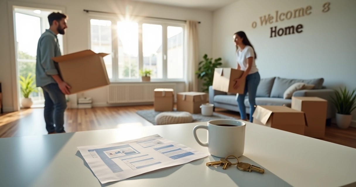 Renters carrying boxes into their first home with keys on the kitchen counter 