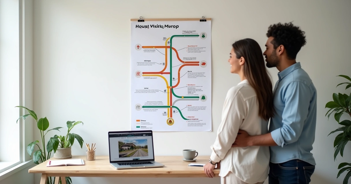 First-time homebuyer couple studying a colorful mortgage roadmap on a wall 