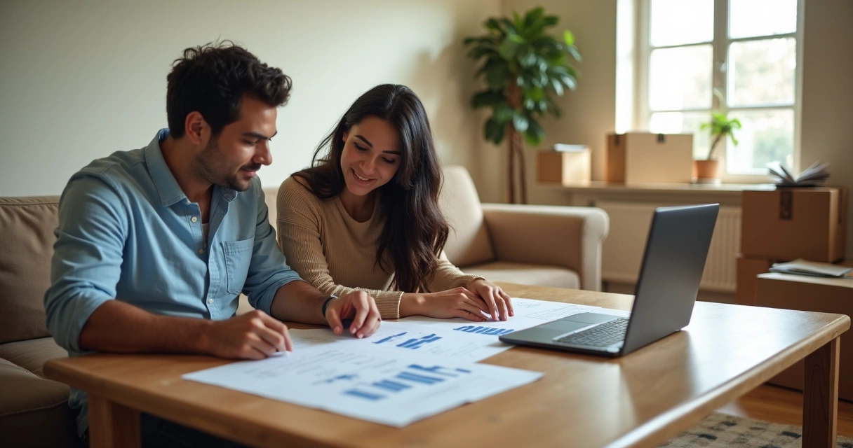 Young couple reviewing home mortgage documents in Florida living room 