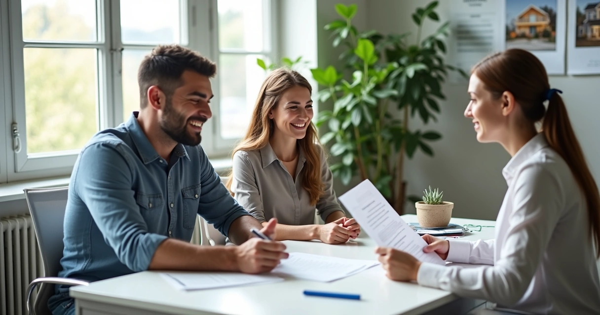 Couple reviews home loan options with advisor at a bright desk 