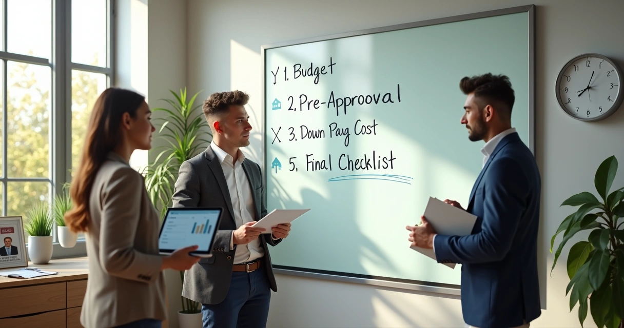 First-time homebuyers standing by a whiteboard checklist with budget, pre-approval, down payment and closing costs 