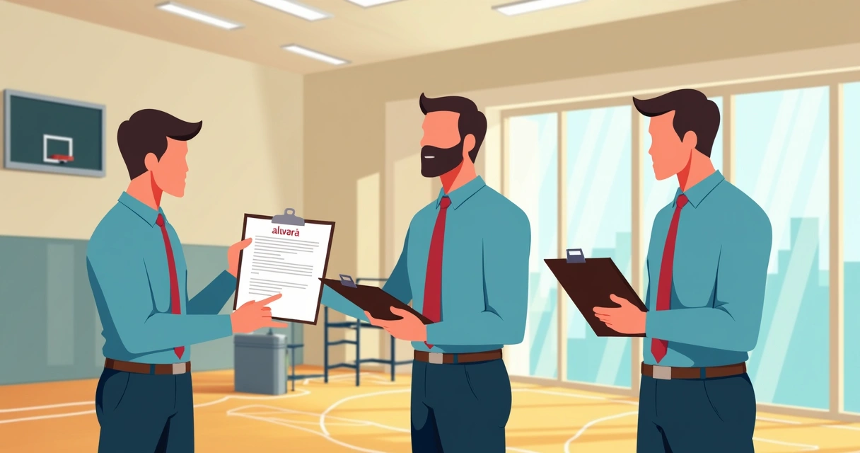 Fiscais conferindo documentos de imóvel em academia 