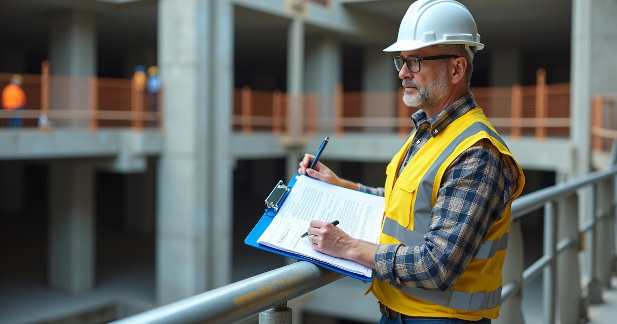 Fiscal de obras anotando em livro de inspeção apoiado em guarda-corpo 