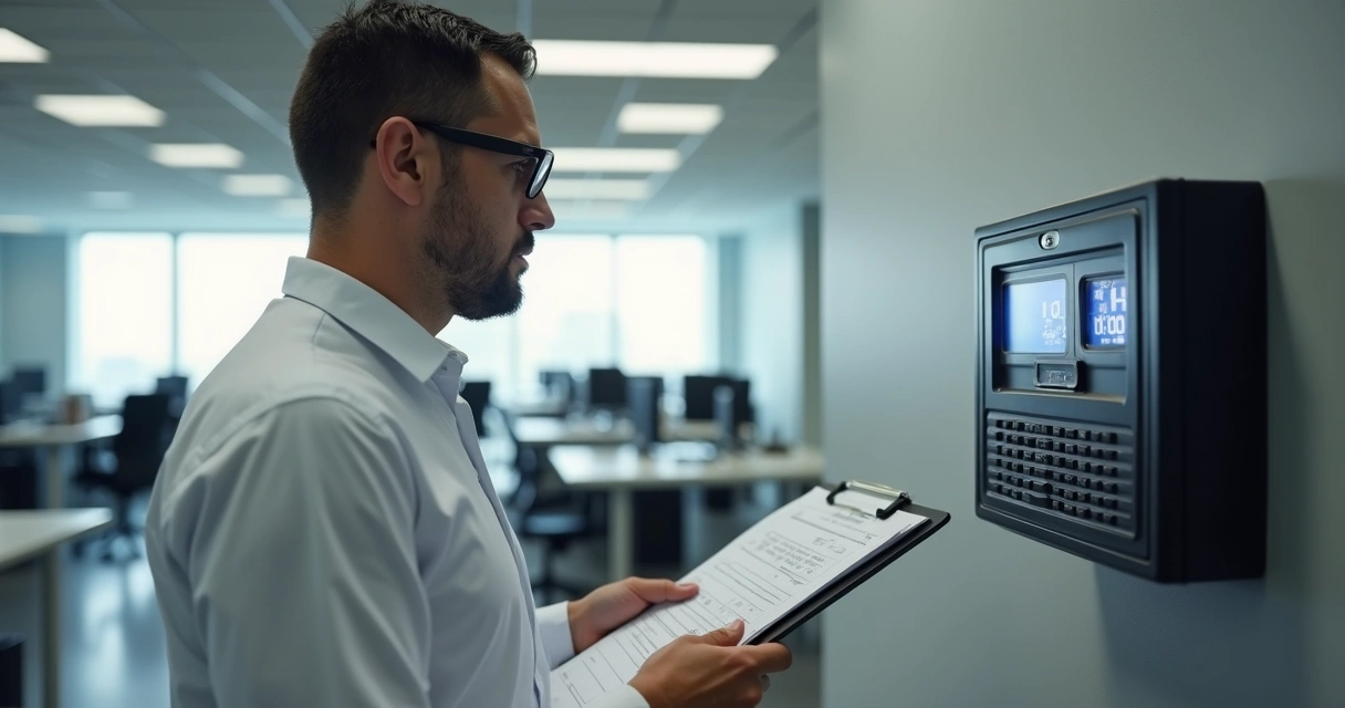 Fiscal do trabalho analisando relógio de ponto eletrônico em ambiente corporativo 