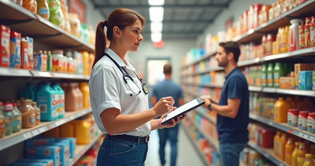 Fiscal sanitário observando prateleiras em comércio pequeno 