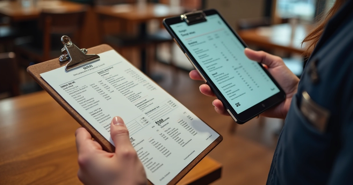 Fiscalização conferindo cardápios impressos e digitais em um restaurante 