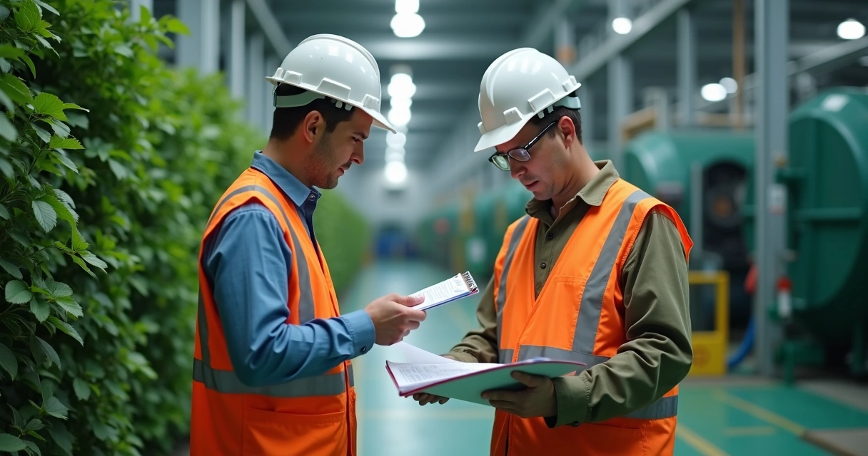 Fiscalização ambiental em área industrial com equipamentos de proteção 