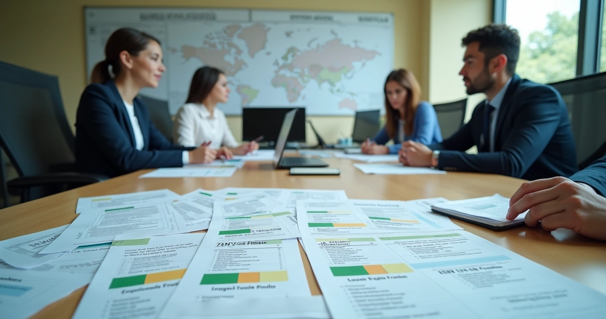 Equipe ambiental analisando listas de regularidade empresarial em escritório