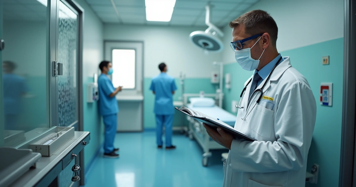 Fiscal da vigilância sanitária verificando equipamentos e protocolos em clínica médica