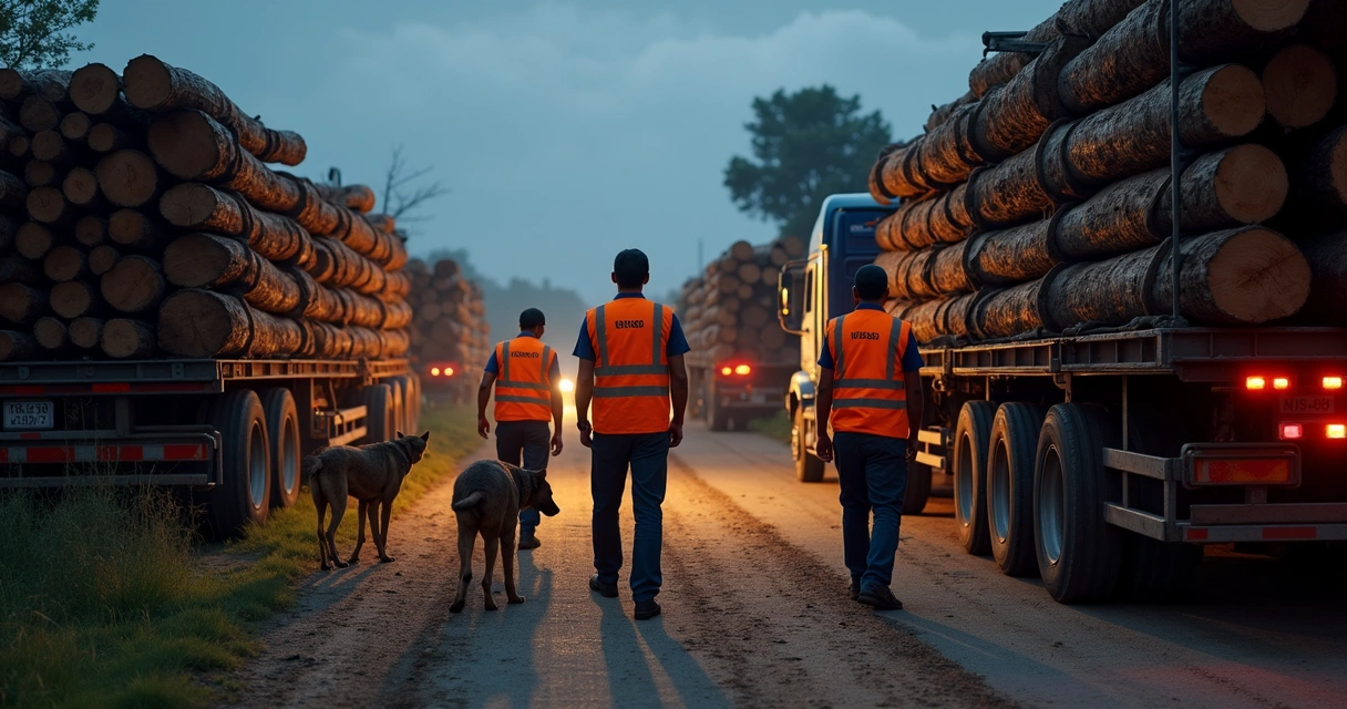 Agentes revistando caminhões carregados de madeira ao entardecer, cães farejadores ao redor 
