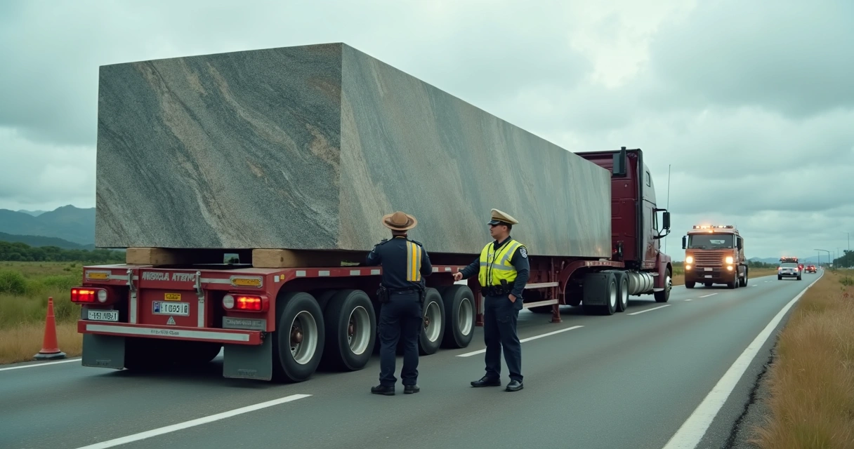 Fiscalização de carreta com bloco de granito na rodovia 