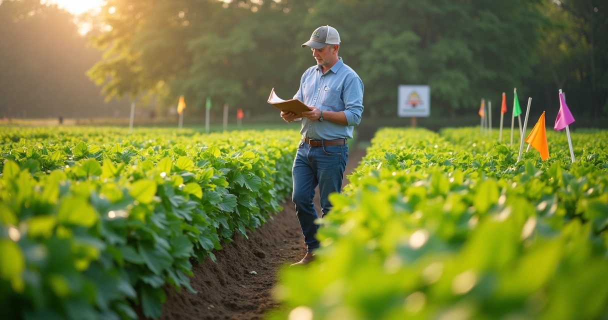 Auditor em campo analisando plantio orgânico 