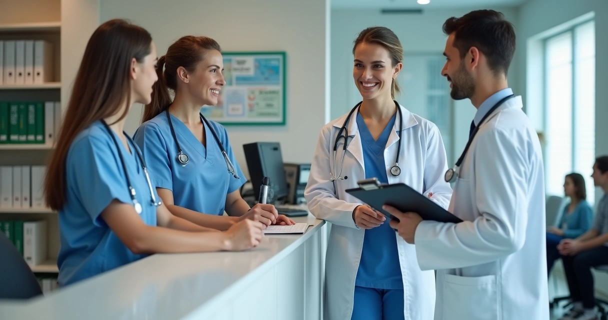 Dois fiscais em frente ao balcão de recepção de uma clínica médica analisando documentos, com recepcionista e médico atentos 