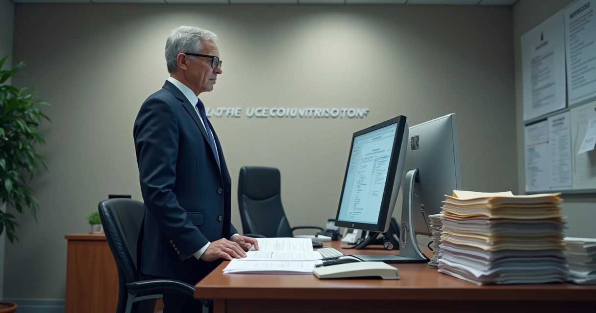 Agente público fiscalizando contratos em ambiente de escritório com papéis e computador