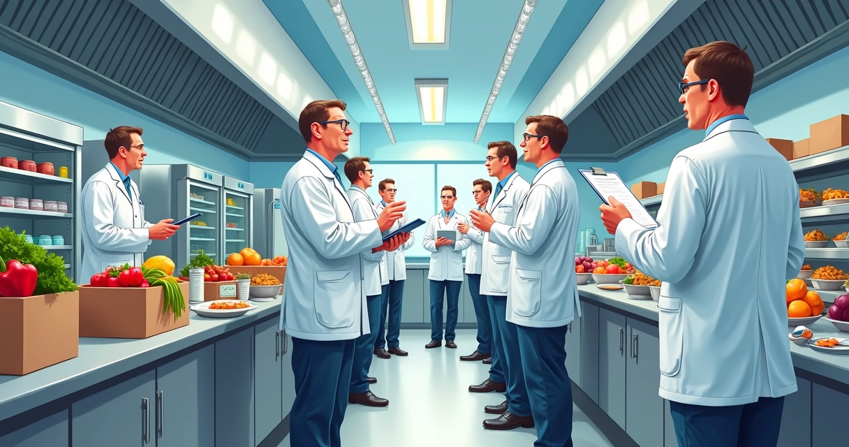 Fiscalização em cozinha industrial com fiscais averiguando alimentos e equipamentos 