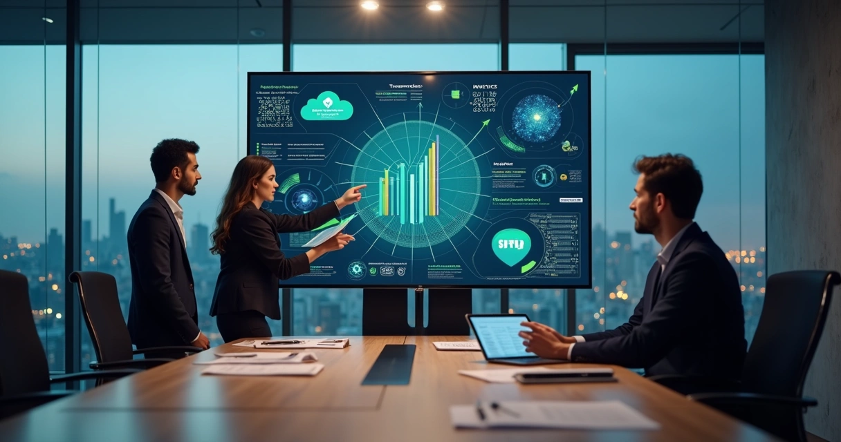 Executivos analisando dados fiscais digitais em grande tela no escritório 