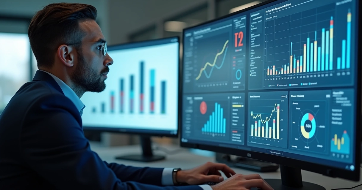 Supervisor fiscal analisando gráficos digitais em uma tela grande