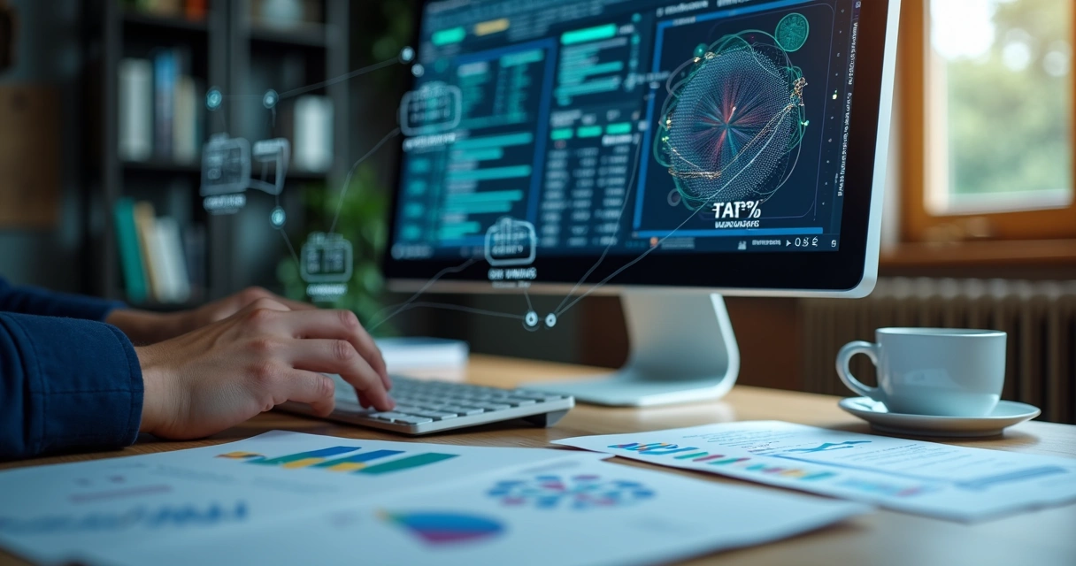 Tela de computador com gráficos fiscais digitais e códigos, papelada espalhada na mesa 