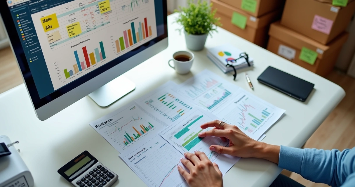 Pessoa analisando planilhas e gráficos de vendas online com calculadora 