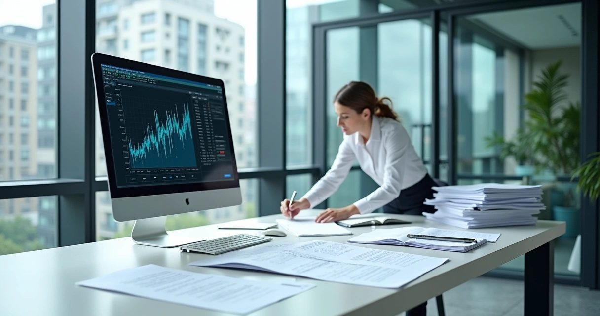 Fiscal organizando papéis fiscais em escritório moderno