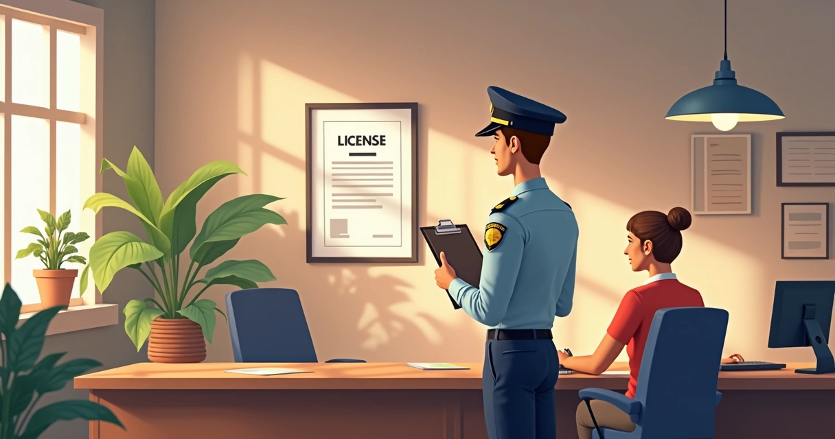 Fiscalização de empresa conferindo licença na parede 