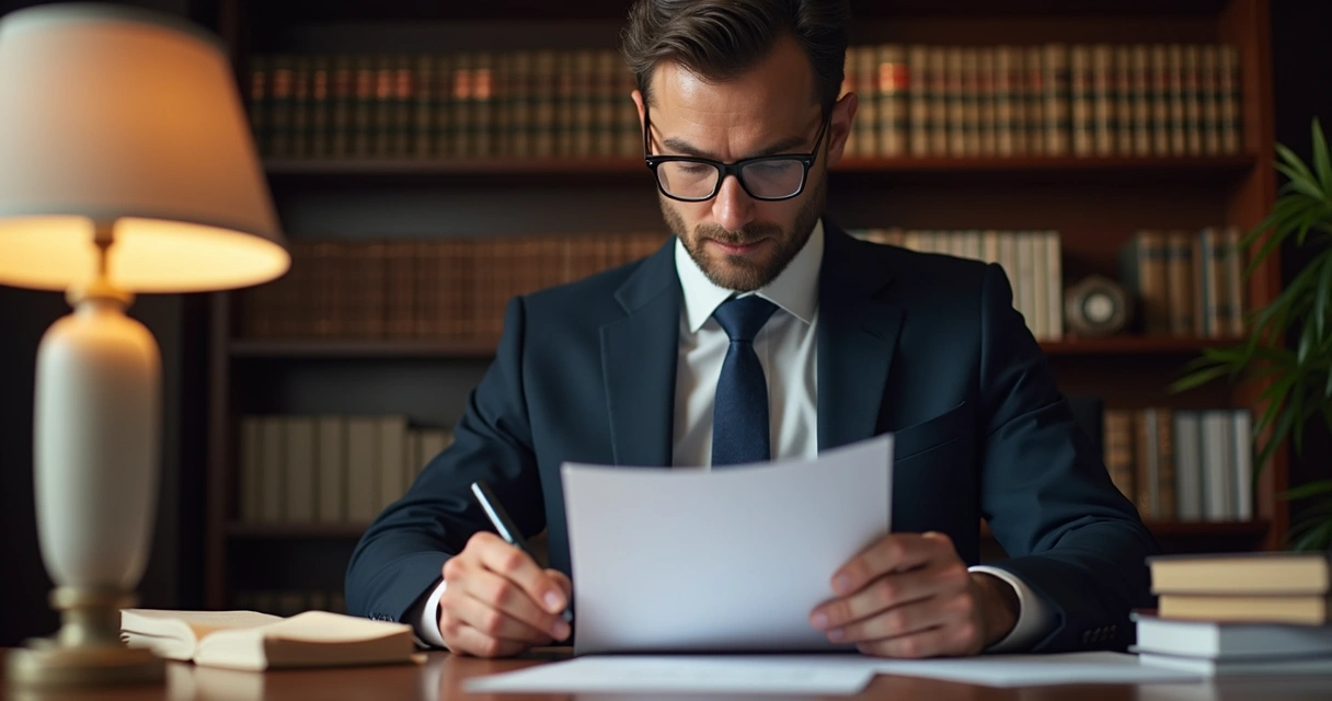Agente fiscal analisando documentos em estante de escritório jurídico 
