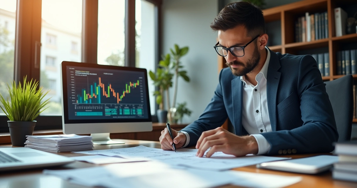 Auditor fiscal revisando documentos empresariais 