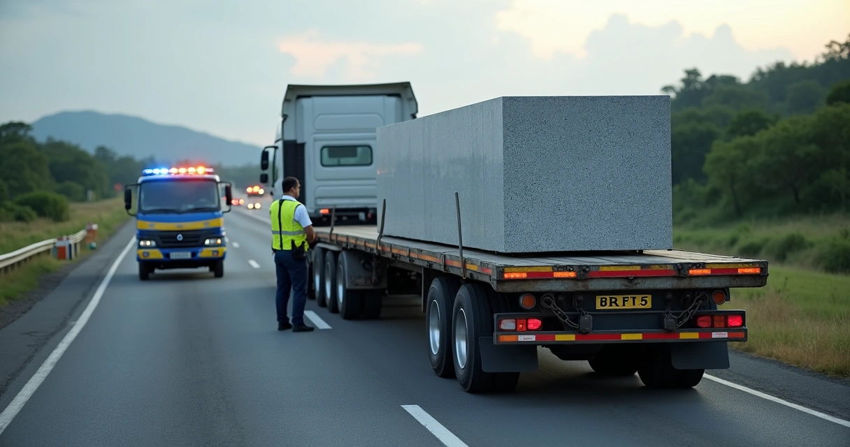 Bloco de granito irregular em carreta abordada por viatura da PRF na BR-101 