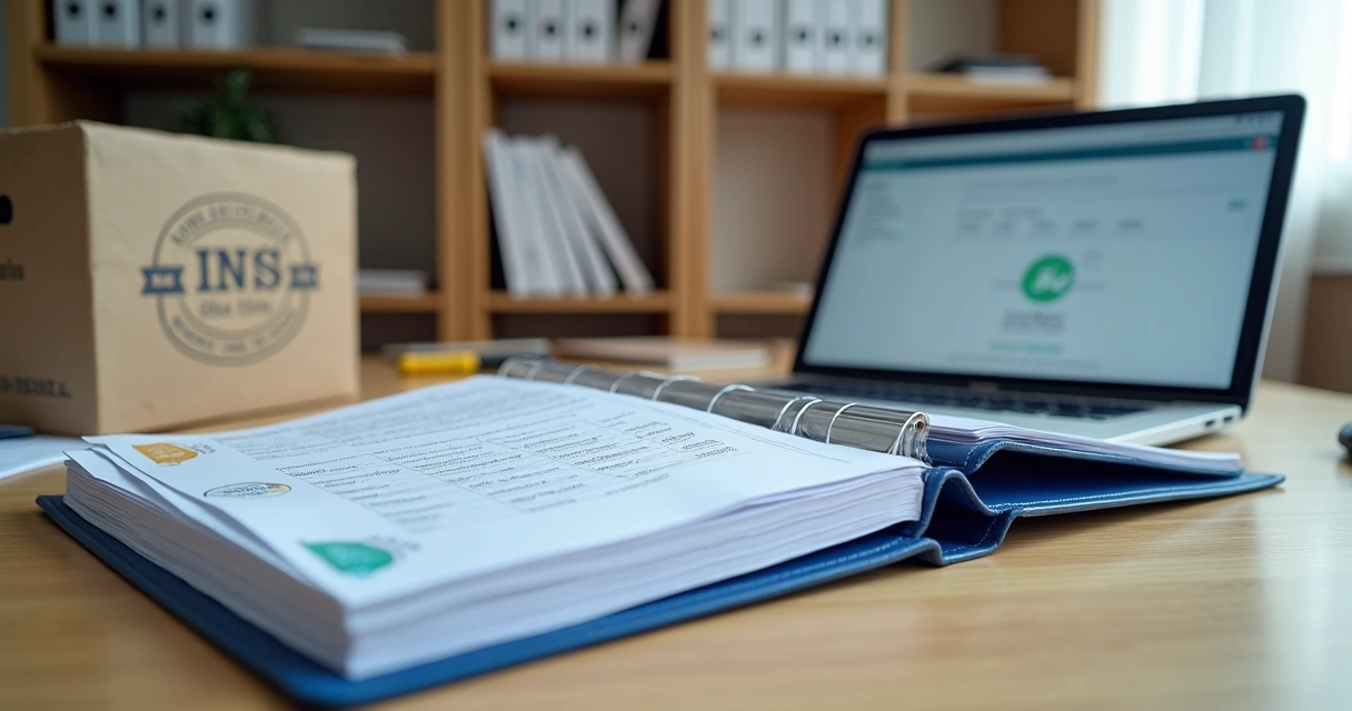 Mesa com pasta de fiscalização, documentos impressos e notebook exibindo sistema de gestão de INSS 