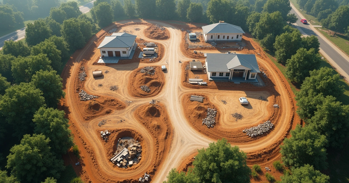 Vista aérea detalhada de um loteamento urbano irregular com terrenos sem demarcação clara e construções inacabadas 